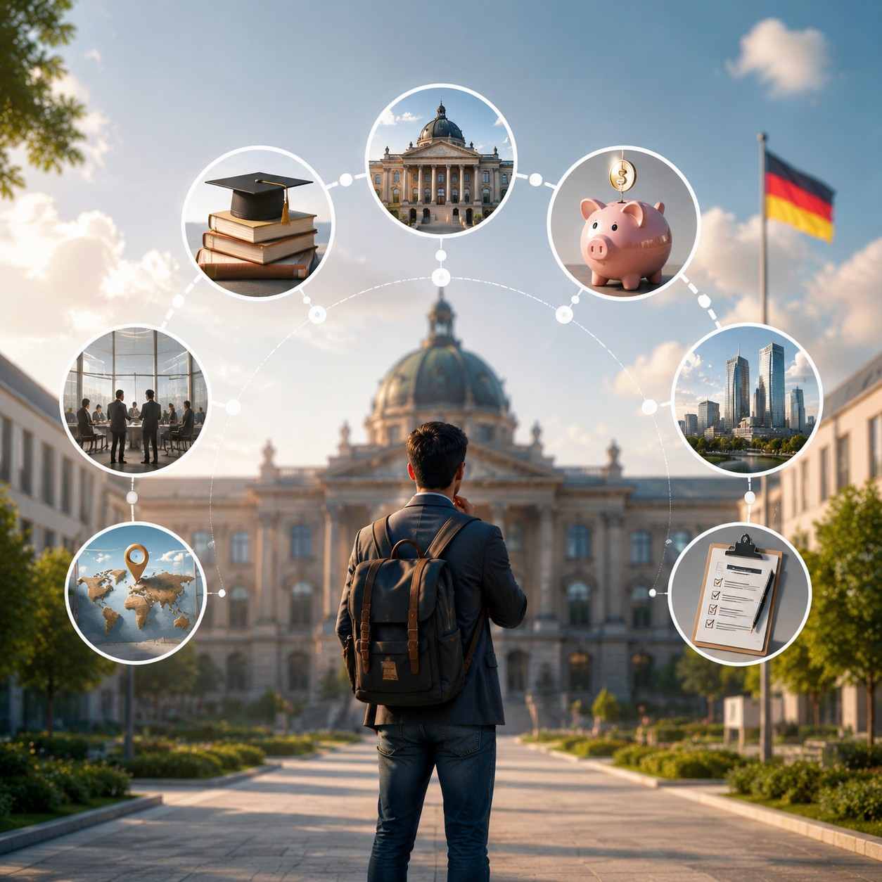 Student choosing the right MiM college in Germany with university campus, education, finance, career and admission planning symbols.